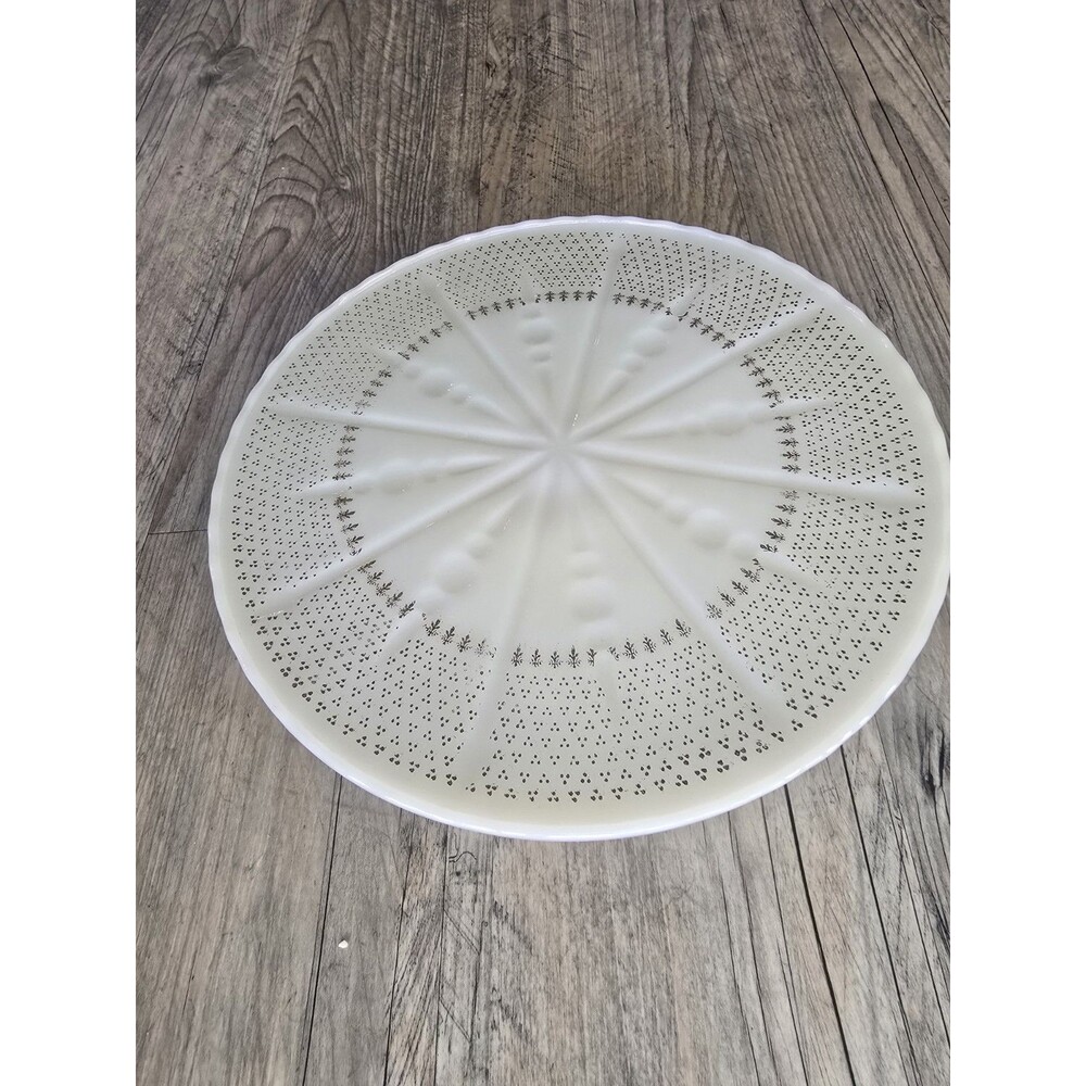 Vintage Anchor Hocking Milk Glass Cake Stand Gold Starburst Pedestal Plate